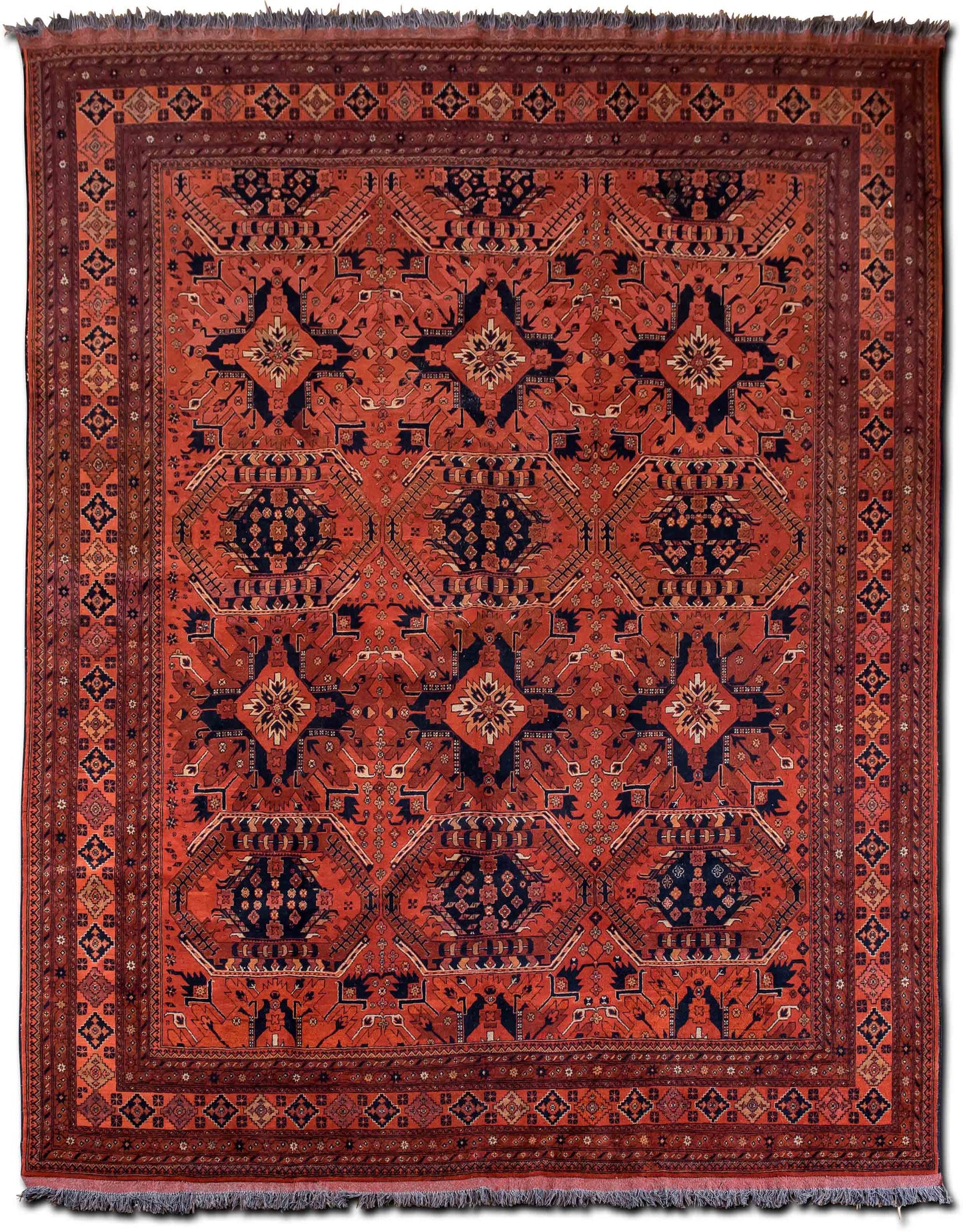 – Antiqued 12' 9" ft x 10 ft – wool or silk – rust orange red black