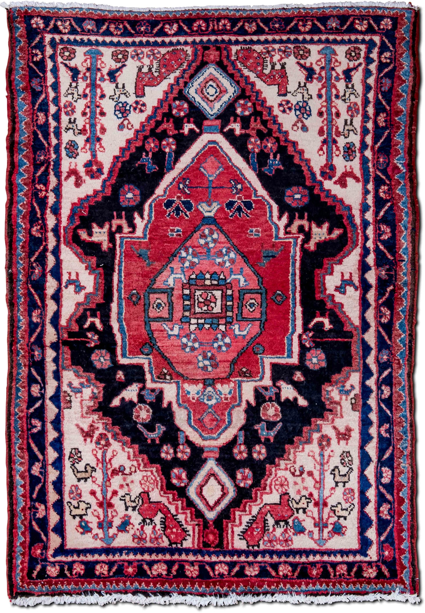 –  (5 ft x 3 ft) – wool or silk – red, black, cream and blue