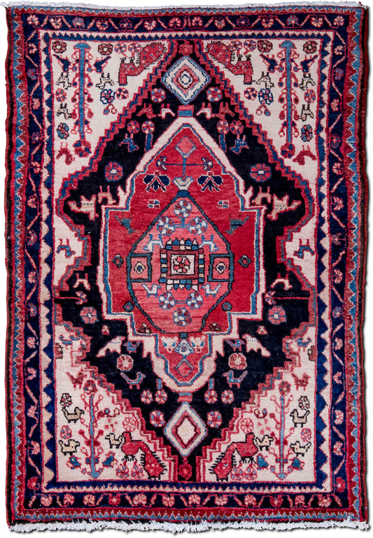 –  (5 ft x 3 ft) – wool or silk – red, black, cream and blue