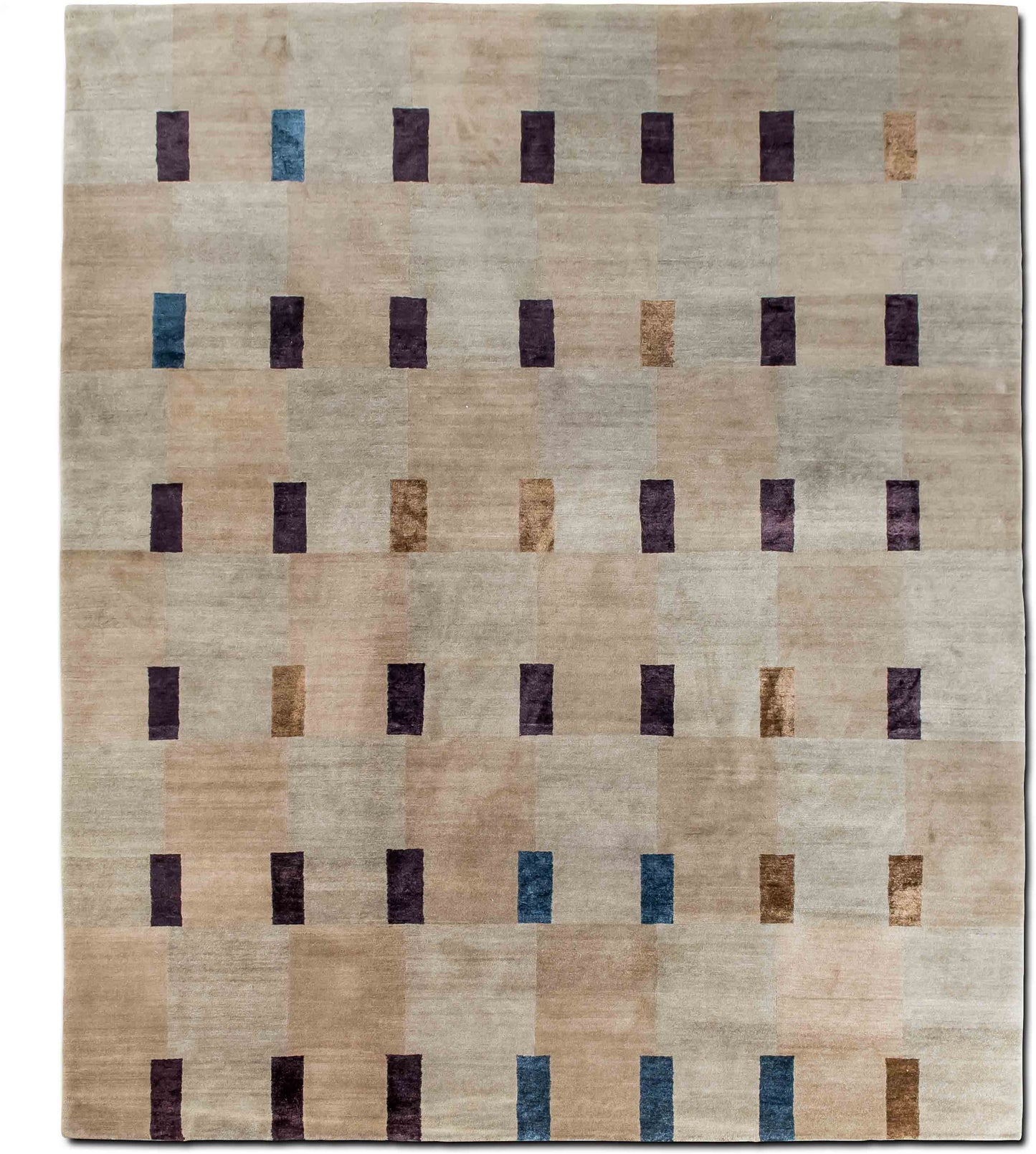 Tufenkian – Double Square Bayleaf 10 ft x 8' 5" ft – wool and silk – dark taupe, eartly moss, caramel and plum