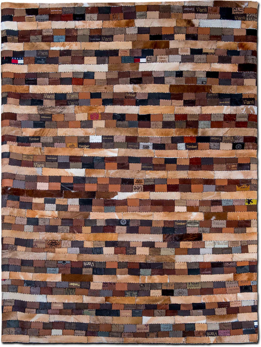 Jean Label Handmade Leather Hide Rug 7' 5" ft x 5' 3" ft – leather patches – brown red