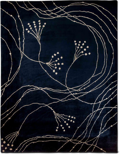 Midnight Botanica Wool Area Rug – Hand-Knotted Contemporary Floral  (10 ft x 7 ft) – 100% wool – black