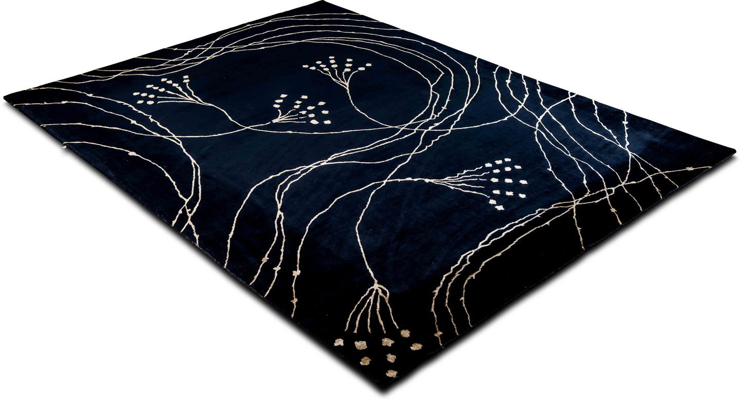 Midnight Botanica Wool Area Rug – Hand-Knotted Contemporary Floral  (10 ft x 7 ft) – 100% wool – black