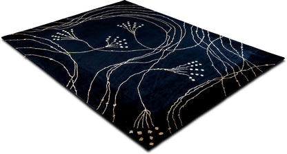 Midnight Botanica Wool Area Rug – Hand-Knotted Contemporary Floral  (10 ft x 7 ft) – 100% wool – black