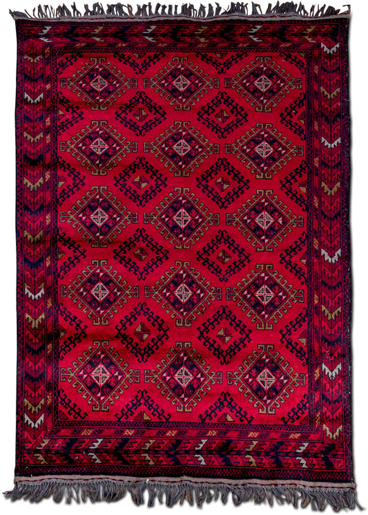 –  6 6" ft x 3 10" ft – 100% wool – red black gold