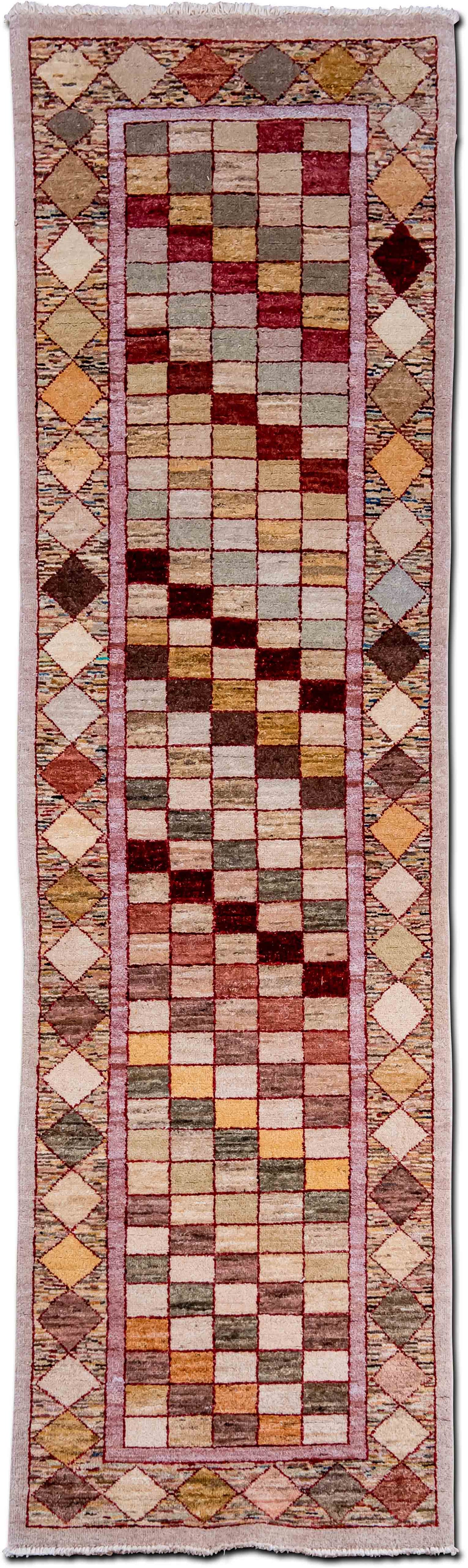 Geometric Runner 9 4" ft x 31" ft – 100% wool – multi colour square