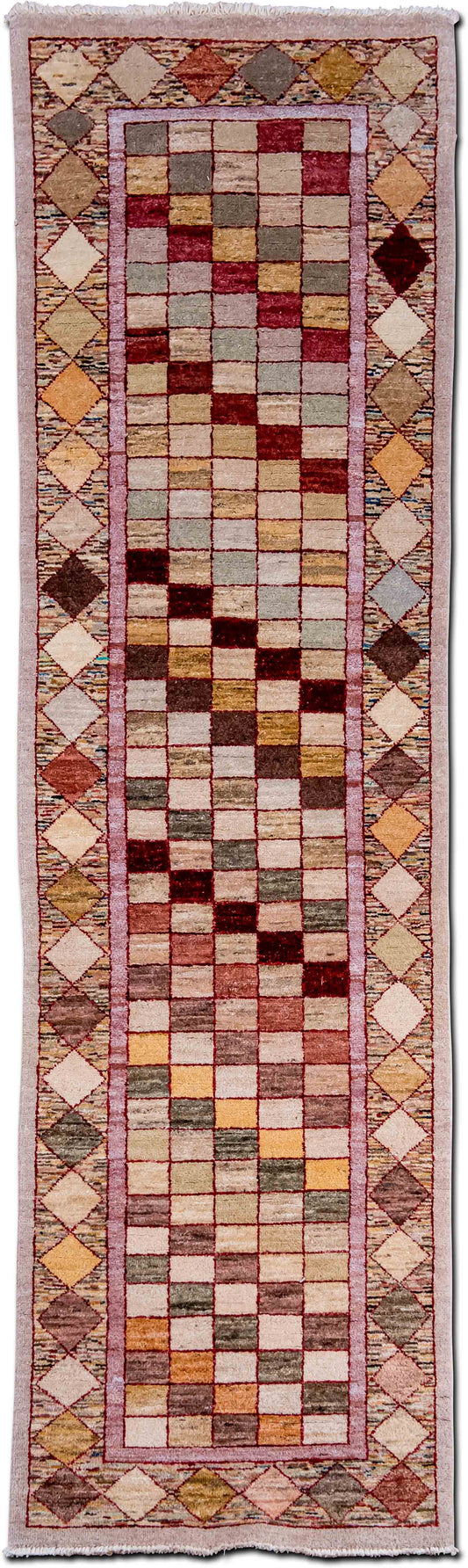 Geometric Runner 9 4" ft x 31" ft – 100% wool – multi colour square