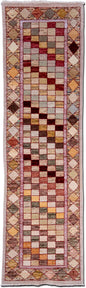 Geometric Runner 9 4" ft x 31" ft – 100% wool – multi colour square