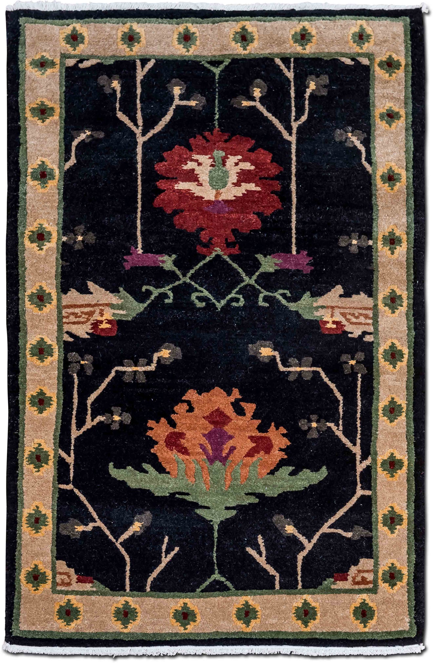 – Ebony 5 ft x 3 ft – 100% wool – field, ebony black adorned with neutral