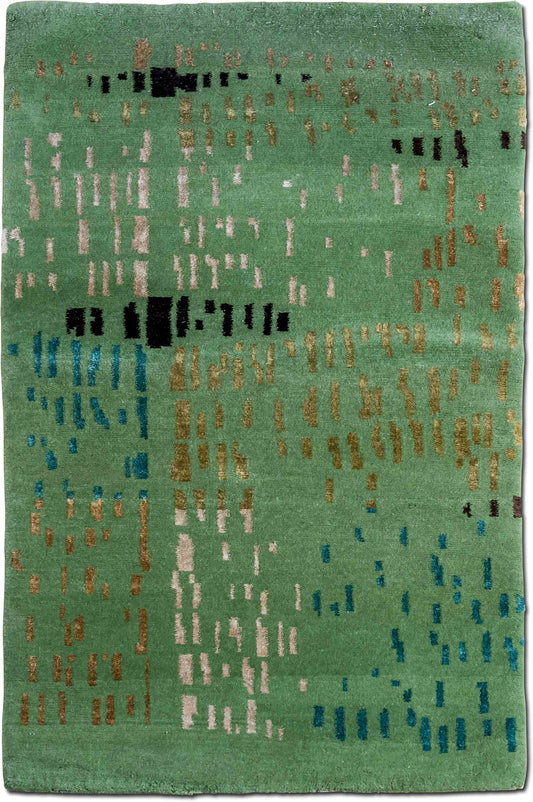 Tufenkian – Rainforest 5 ft x 3 ft – 100% wool – forest green field accents of gold, aqua and honey