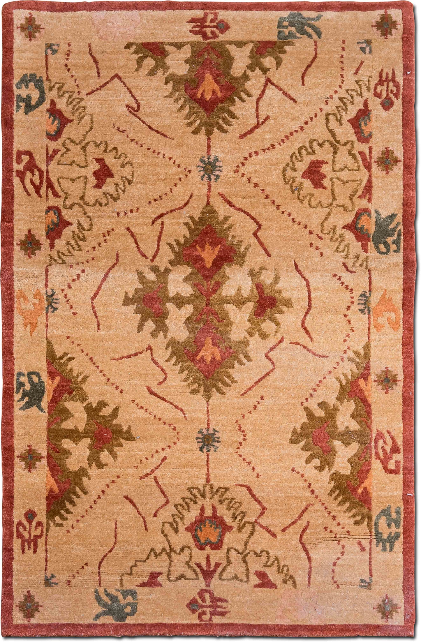 Tufenkian – Harvest Glow 5 ft x 3 ft – 100% wool – light brown/beige with accents in berry red, salmon and moss green