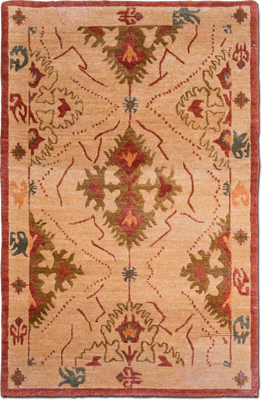 Tufenkian – Harvest Glow 5 ft x 3 ft – 100% wool – light brown/beige with accents in berry red, salmon and moss green