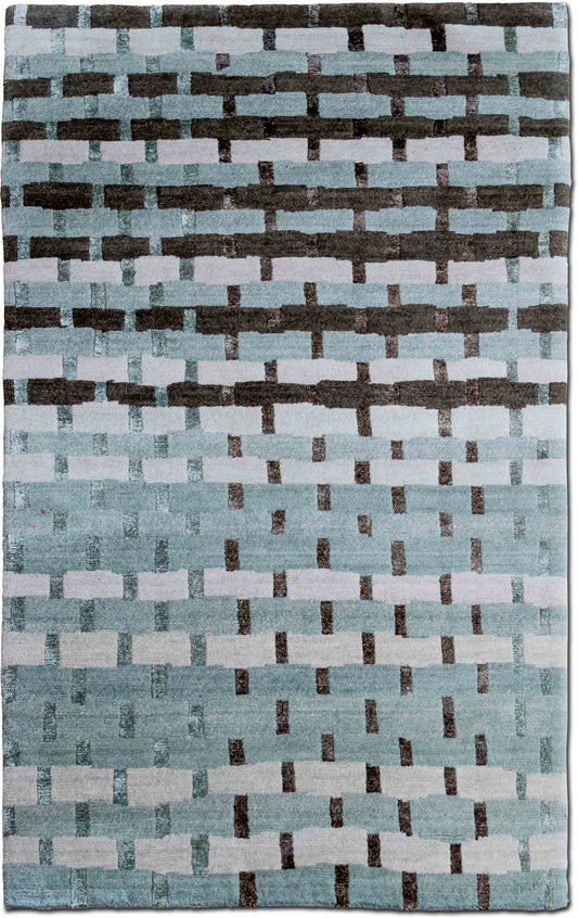 Tufenkian –  5 ft x 3 ft – 100% hand knotted wool with silk accents – greys cream blue